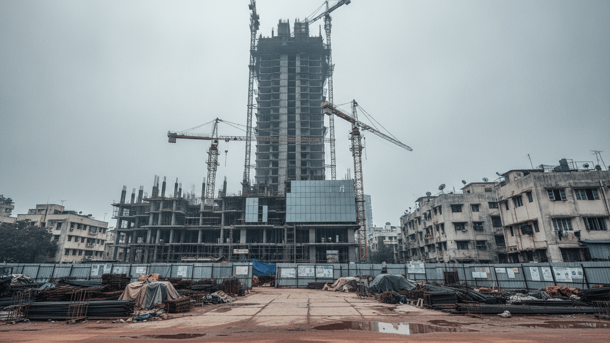 An unfinished concrete supertall building frame with multiple cranes dominates a hazy, overcast sky. Residential buildings flank it.