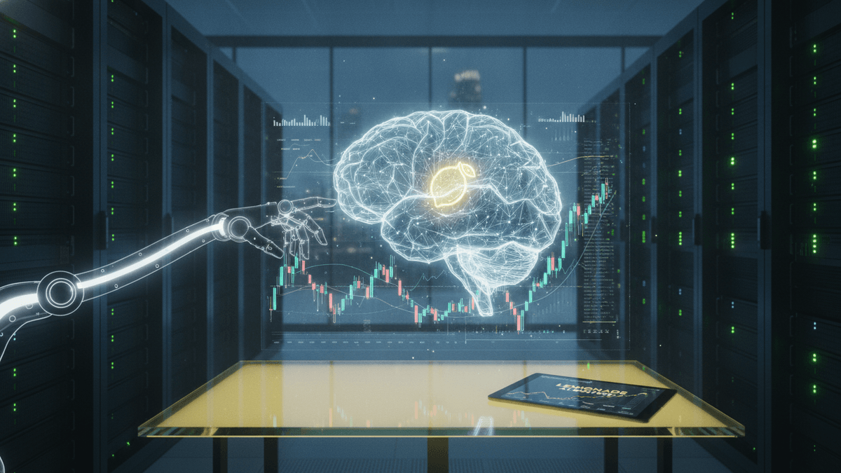 An illuminated human brain graphic is projected onto a glass table in a server room, with an AI arm reaching towards it.