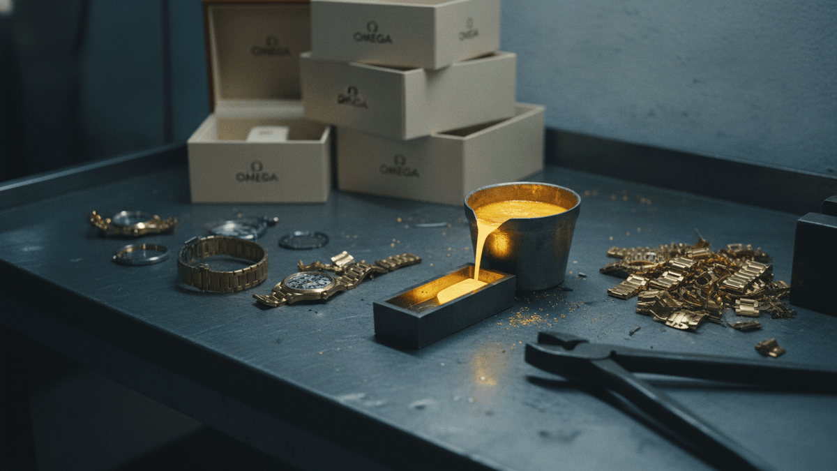 Molten gold glows as it's poured from a crucible into a rectangular mold on a worn metal workbench. Scrapped gold watch parts are scattered around the work surface, alongside empty Omega watch boxes in the background.