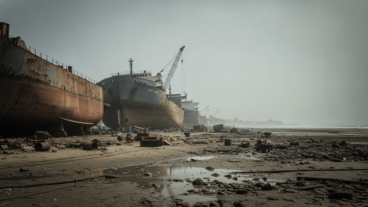 Wide shot of large, rusting ships beached on a muddy, trash-strewn shore under a grey, hazy sky.