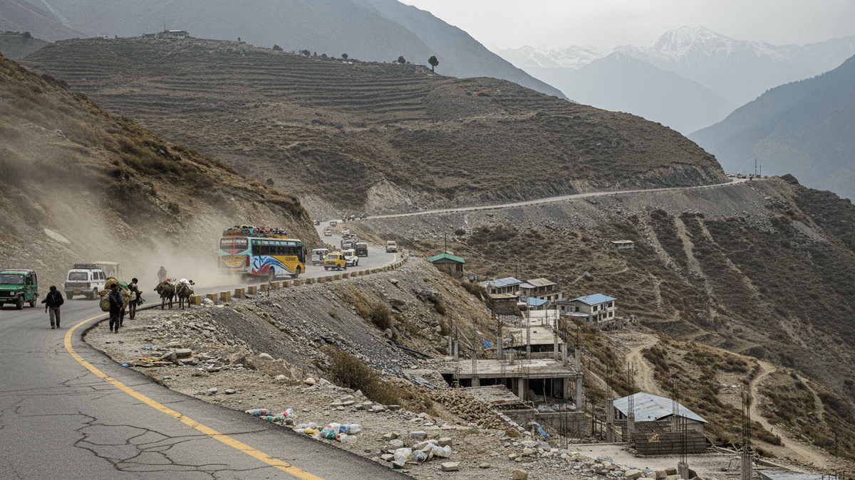 A wide shot of a dusty, winding mountain road in the Himalayas, with vehicles, people, and pack animals navigating alongside construction.