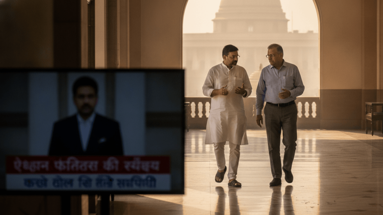 Two Indian government officials in traditional and business attire walk down a sunlit hallway. A blurred TV screen is in the foreground.