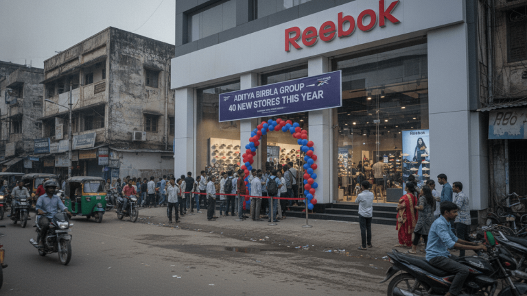 A wide shot of a new Reebok store with a grand opening balloon arch and a crowd of people outside in India.