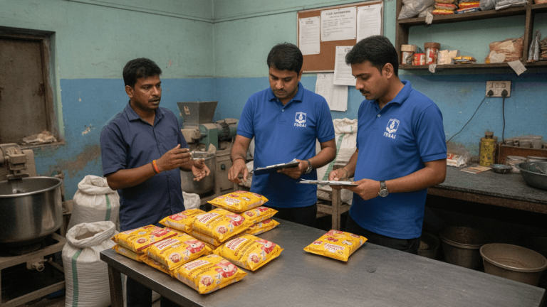 Three men stand around a metal table with yellow packaged food products. Two men in blue FSSAI shirts hold clipboards, while a man in a dark shirt gestures.