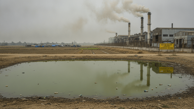 A wide shot of an industrial complex with tall smokestacks billowing smoke into an overcast sky, adjacent to a stagnant, trash-filled pond and small cultivated fields.