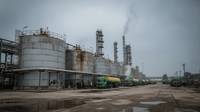 An wide shot of an industrial ethanol refinery complex under an overcast sky, with a line of green tanker trucks loading.