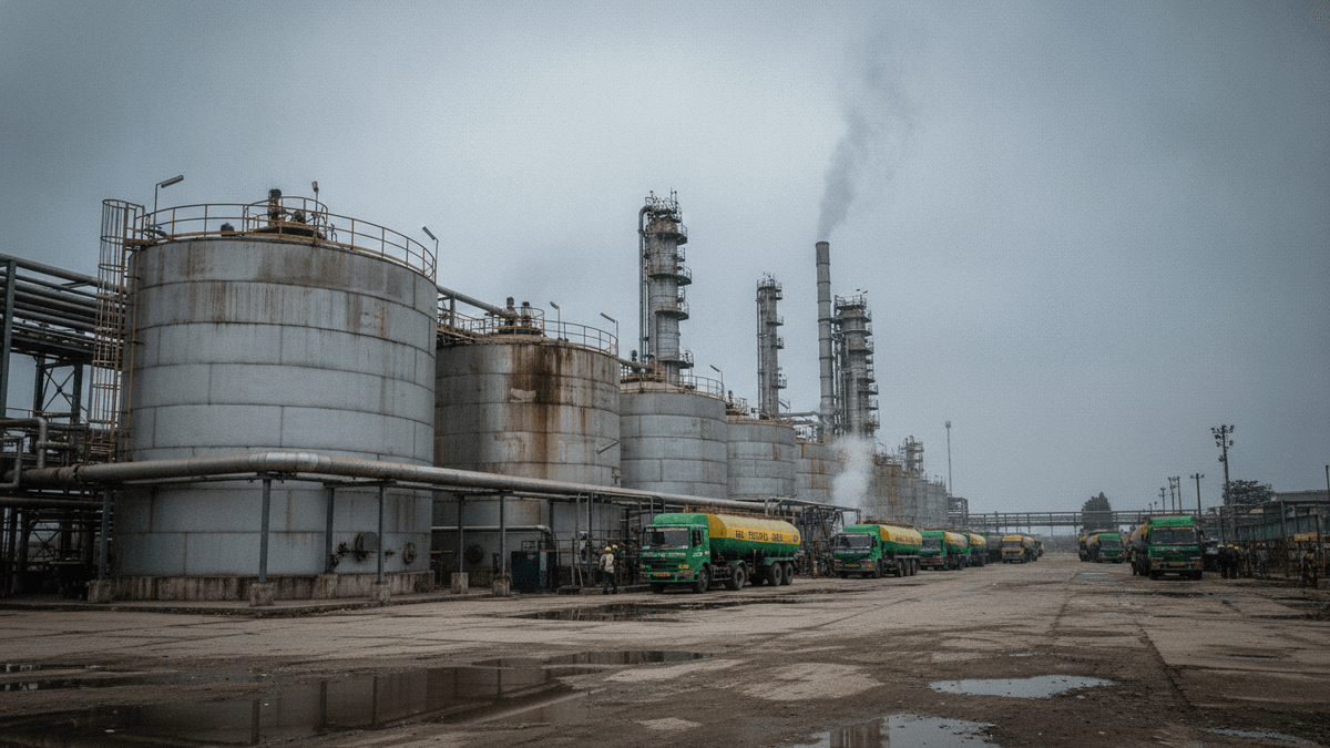 An wide shot of an industrial ethanol refinery complex under an overcast sky, with a line of green tanker trucks loading.