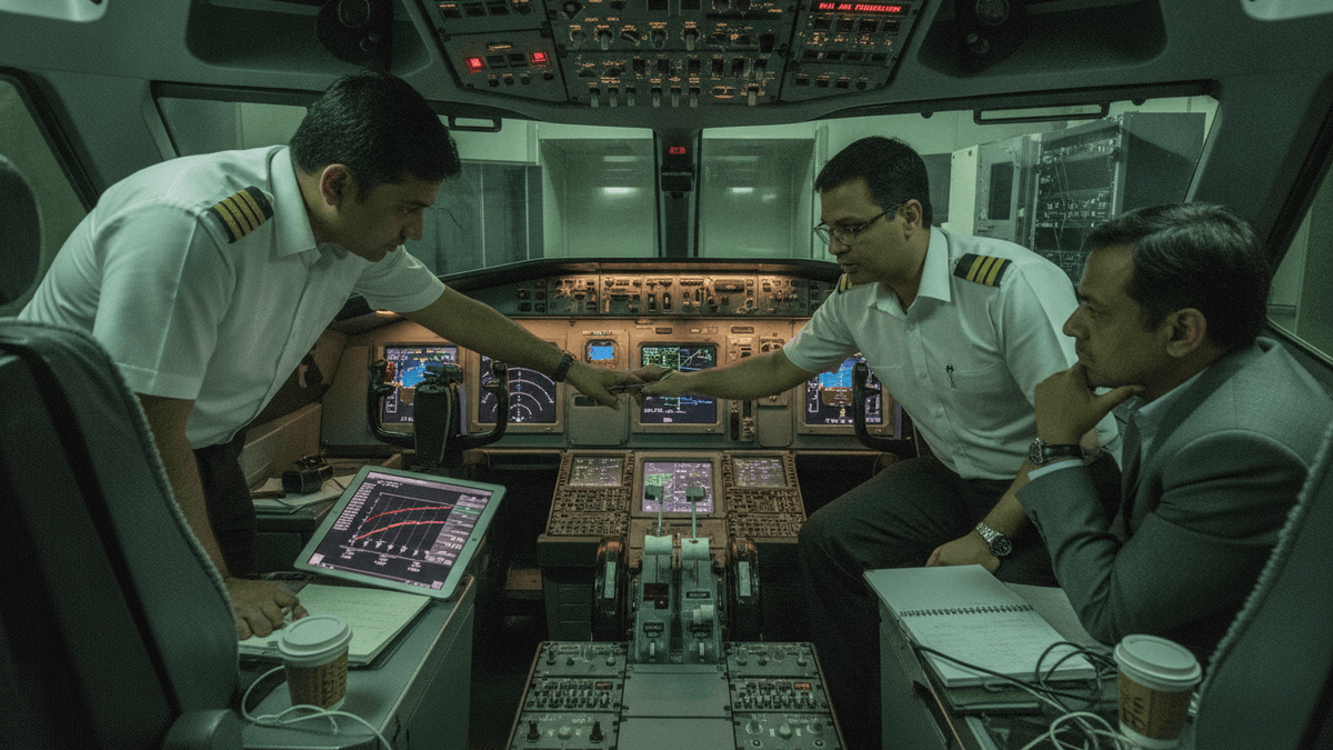 Three men in a dark cockpit simulator, two pilots in uniform point at controls, one investigator observes.