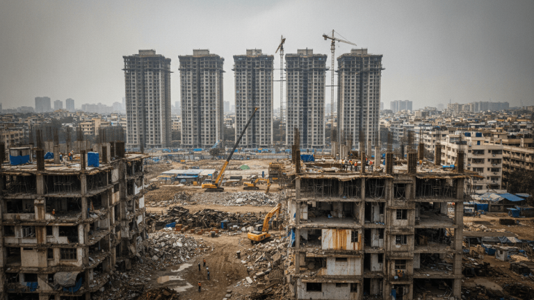 An aerial view of a dense Mumbai urban redevelopment site under an overcast sky, showing a mix of demolished buildings, ongoing construction, and new high-rise towers in the background.