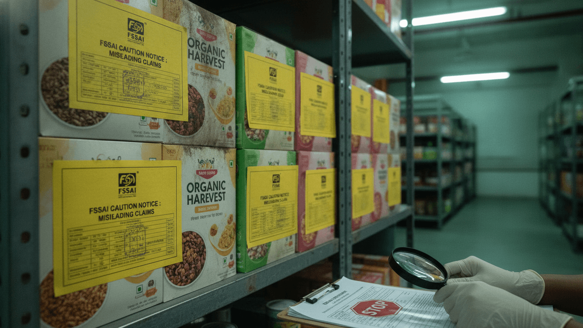 A close-up view of gloved hands holding a magnifying glass and a clipboard with a "STOP" sign, inspecting food products on a metal shelf. Yellow FSSAI caution notices are affixed to the boxes, which feature "Organic Harvest" branding. The background shows more shelves receding into a dimly lit warehouse.