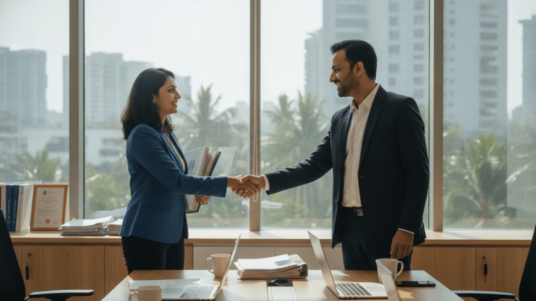 A man and a woman in business attire shake hands across a conference table in front of large windows.