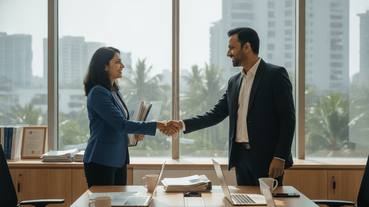A man and a woman in business attire shake hands across a conference table in front of large windows.