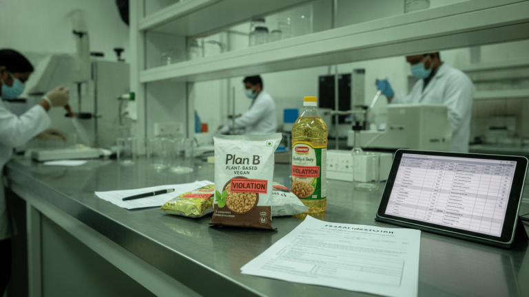 A laboratory bench shows FSSAI violation notices on Plan B and Emami Healthy & Tasty products, with blurred technicians working in the background.