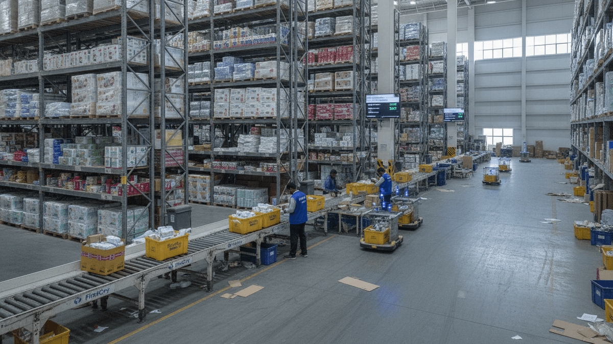 Wide shot of a large, high-ceiling warehouse with tall shelving racks filled with products. Workers interact with robotic carts.