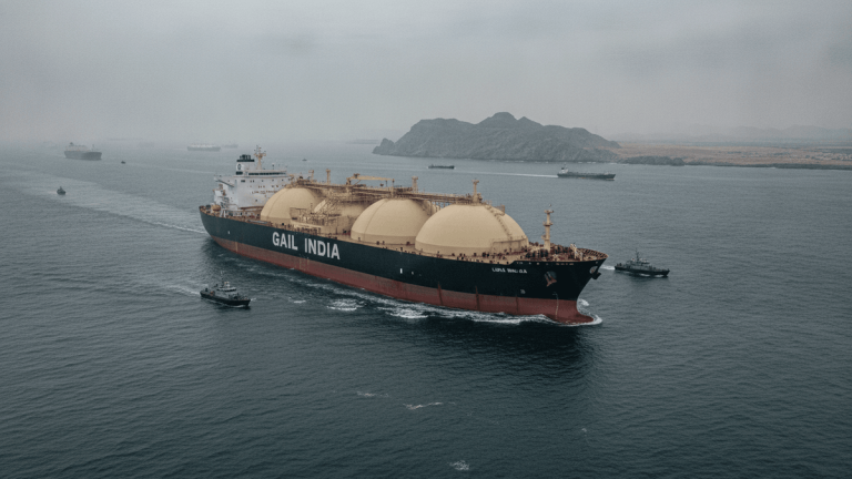 An Indian-flagged LNG tanker (GAIL INDIA) moves through a body of water, escorted by two smaller naval vessels. Land is visible in the background.