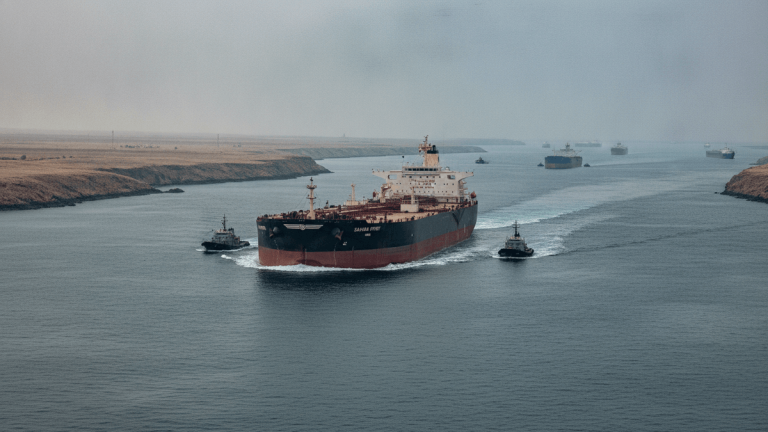An aerial view shows a large crude oil tanker moving through a narrow canal, flanked by two smaller tugboats. Other tankers are visible in the distance.