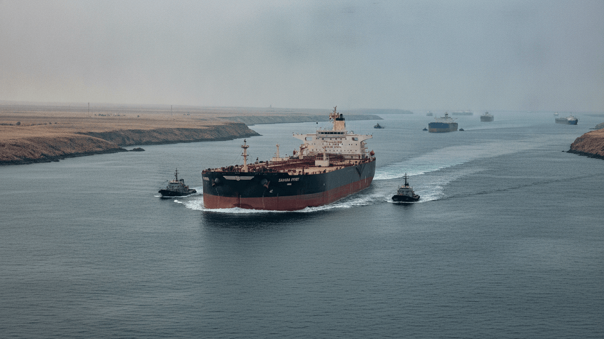 An aerial view shows a large crude oil tanker moving through a narrow canal, flanked by two smaller tugboats. Other tankers are visible in the distance.