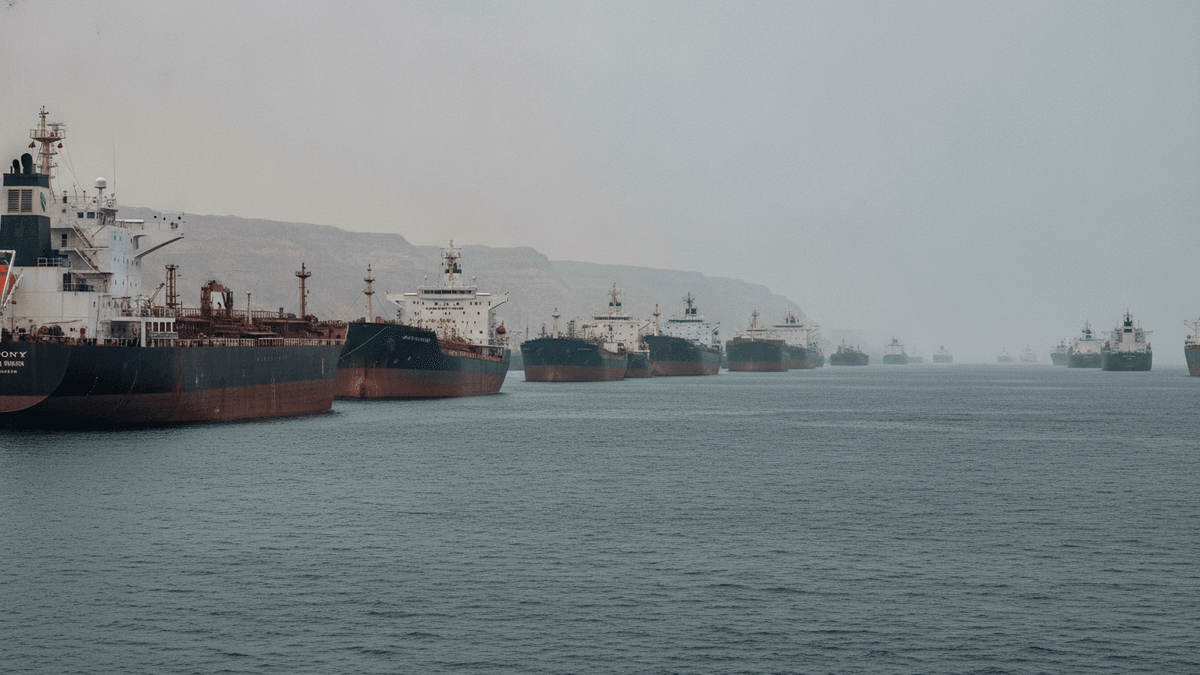A wide shot shows numerous large tankers and cargo ships anchored in calm, grey water under an overcast sky. A rocky, desolate coastline forms the background.