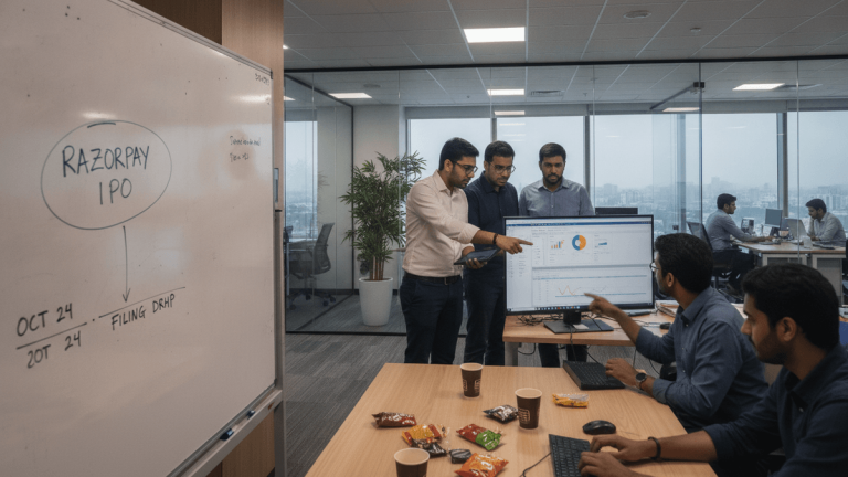 Four men in an office reviewing financial charts on a large monitor. A whiteboard with "RAZORPAY IPO" is visible.