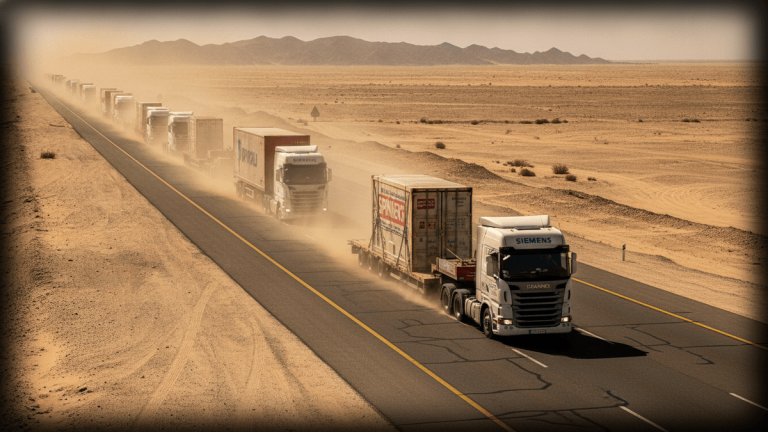 A long convoy of white semi-trailer trucks, some carrying shipping containers, driving on a two-lane asphalt highway through a vast, flat desert landscape. Dust trails behind the vehicles.
