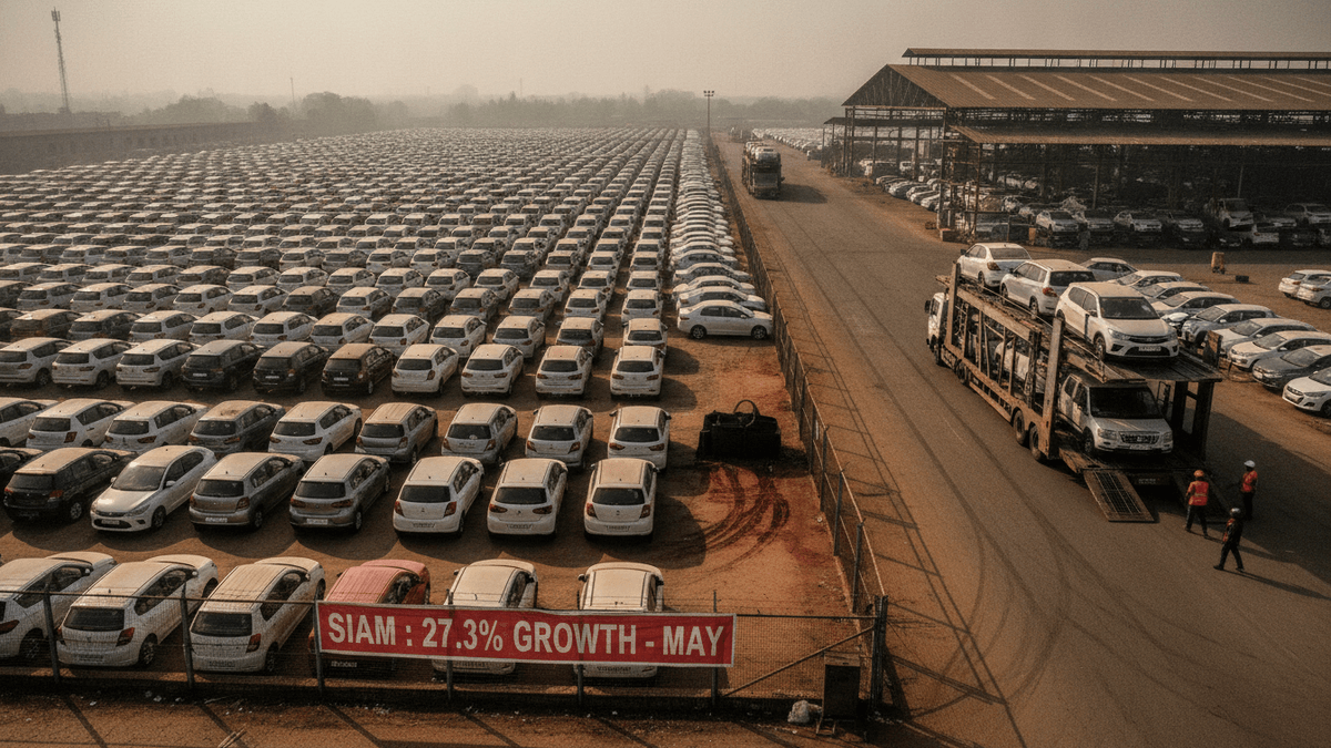 An aerial shot shows thousands of new white cars parked in long rows at a massive outdoor storage lot, with a banner noting "SIAM: 27.3% GROWTH - MAY" and a car carrier truck being loaded.