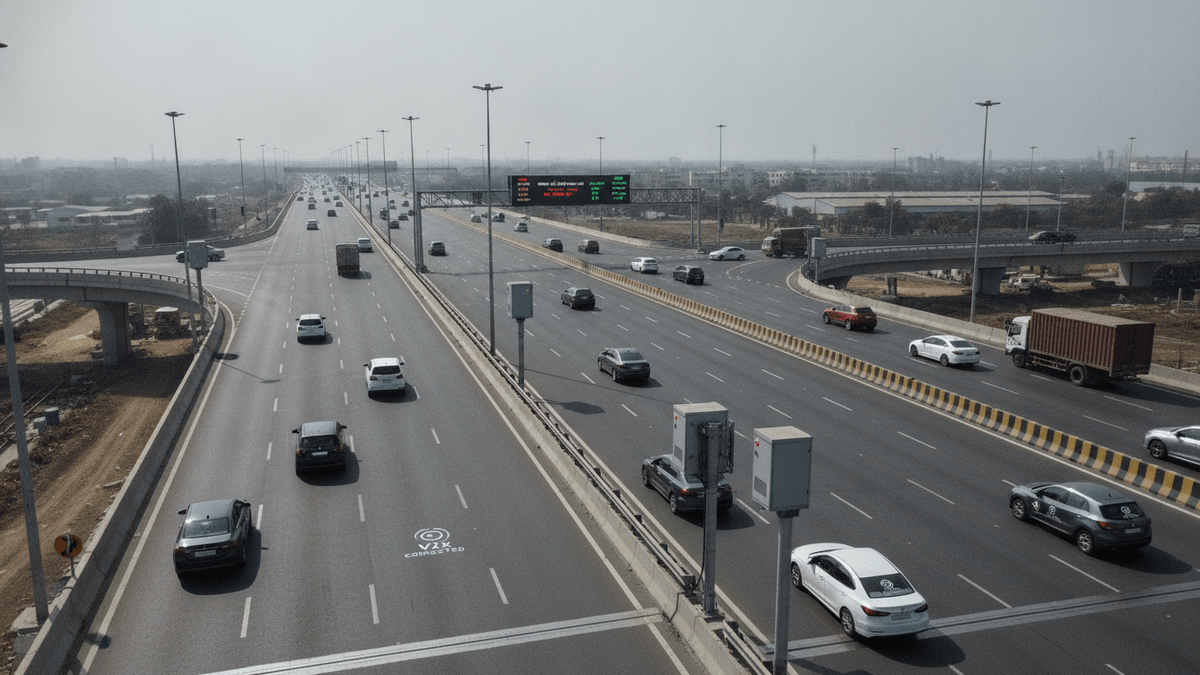 An aerial, slightly angled shot of a wide, multi-lane highway in India, showing cars in both directions under an overcast sky. Digital signboards are visible above the road, and an overpass curves across the scene.
