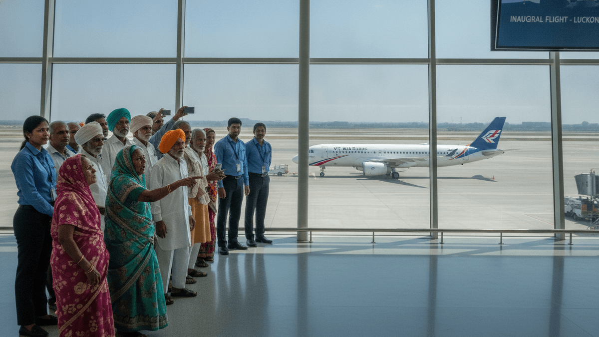 A group of villagers in traditional Indian attire and airport staff look out a large terminal window at a passenger jet.
