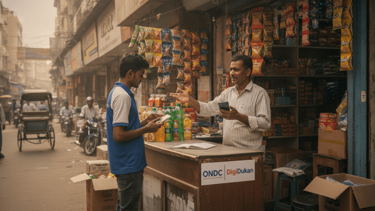A man in a blue shirt with a tablet speaks to a store owner holding a phone behind a counter with an "ONDC DigiDukaan" sign.
