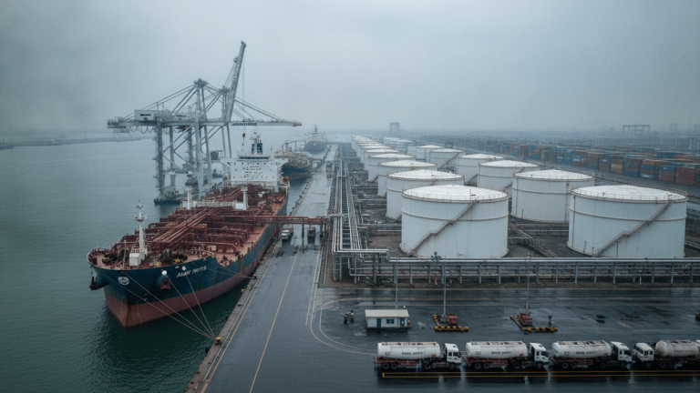 An aerial view of a large oil tanker docked at a port with numerous white storage tanks, pipes, and gantry cranes.