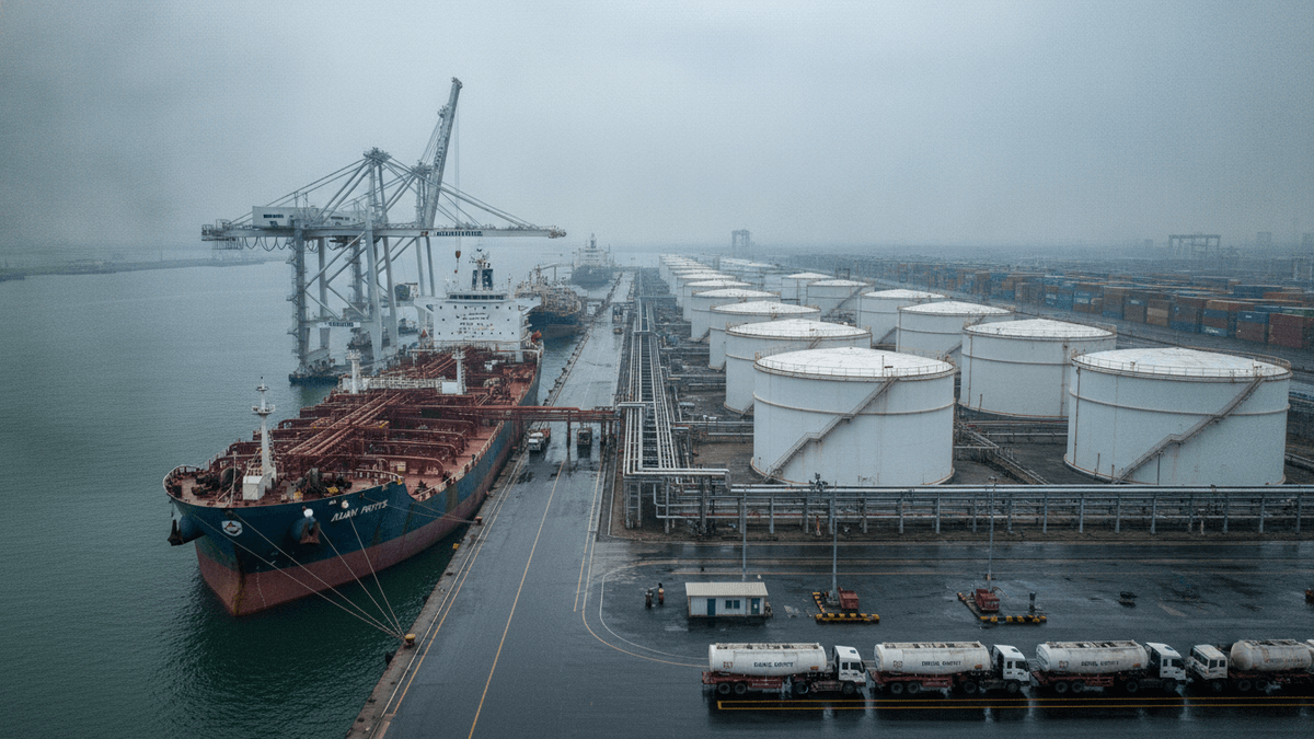 An aerial view of a large oil tanker docked at a port with numerous white storage tanks, pipes, and gantry cranes.