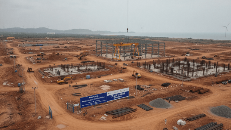 An aerial view of a large industrial construction site under an overcast sky, with numerous excavators and partially built structures.