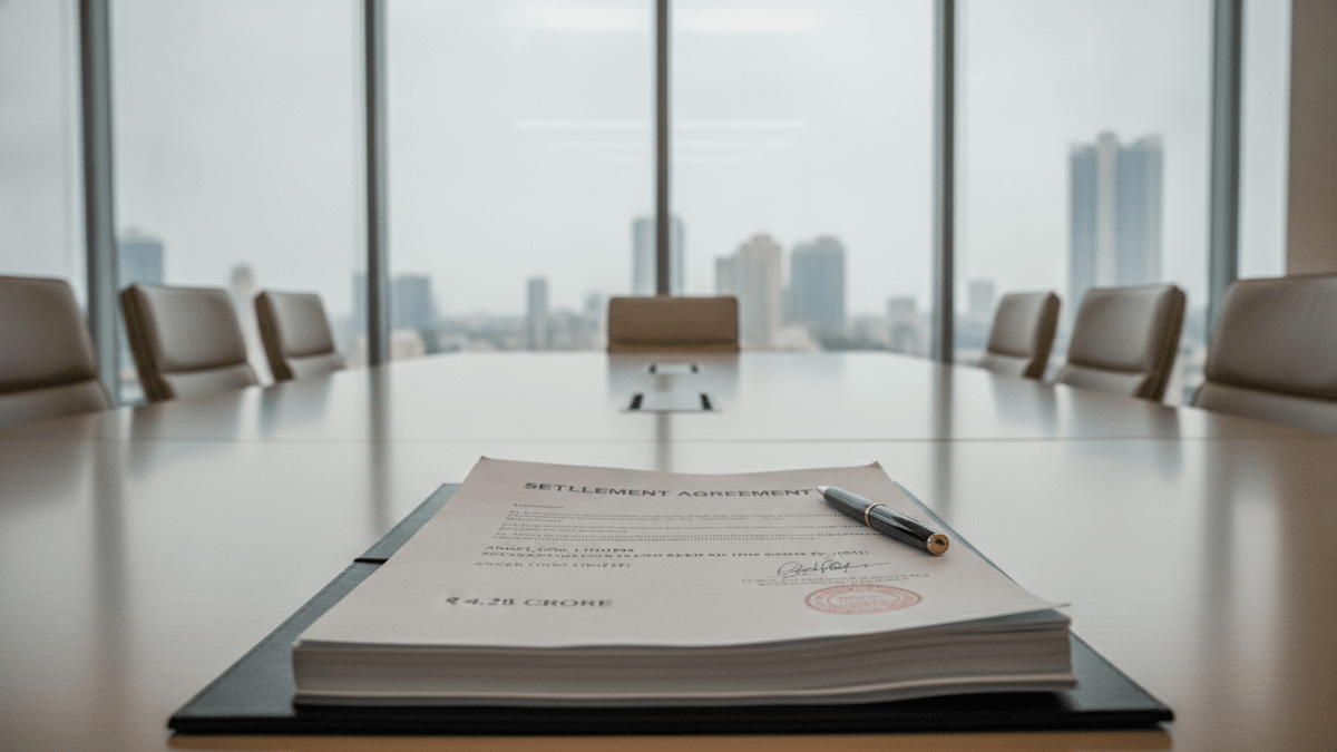 A settlement agreement with a black pen resting on it, centered on a long polished conference table in an empty modern office.
