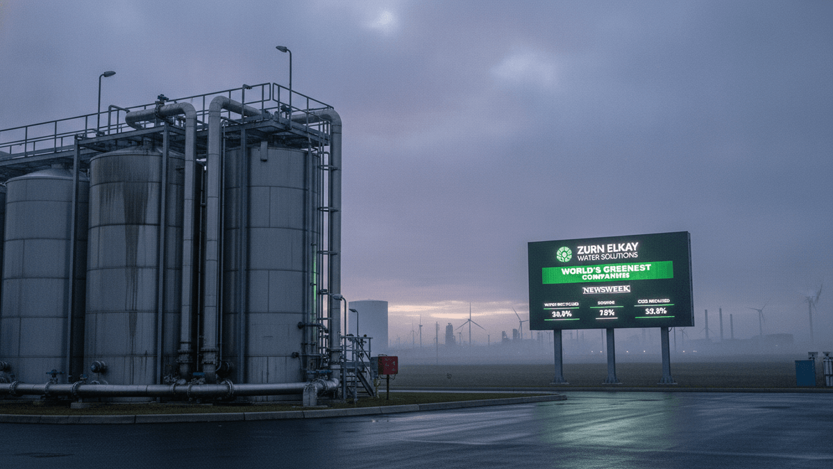 An industrial facility with large storage tanks and piping next to a digital billboard displaying "Zurn Elkay Water Solutions, World's Greenest Companies."