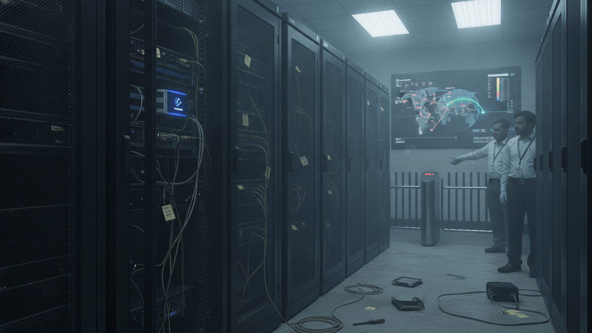 Two men in a dimly lit server room with rows of black server racks, one pointing at a large screen displaying a global data network.