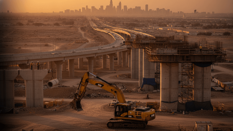 An aerial shot captures an ongoing highway construction site at sunset, with an excavator and partially built overpasses stretching into the distance towards a city skyline.