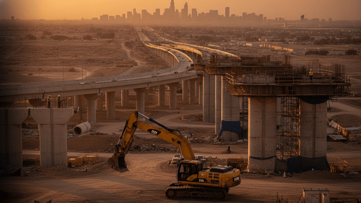An aerial shot captures an ongoing highway construction site at sunset, with an excavator and partially built overpasses stretching into the distance towards a city skyline.