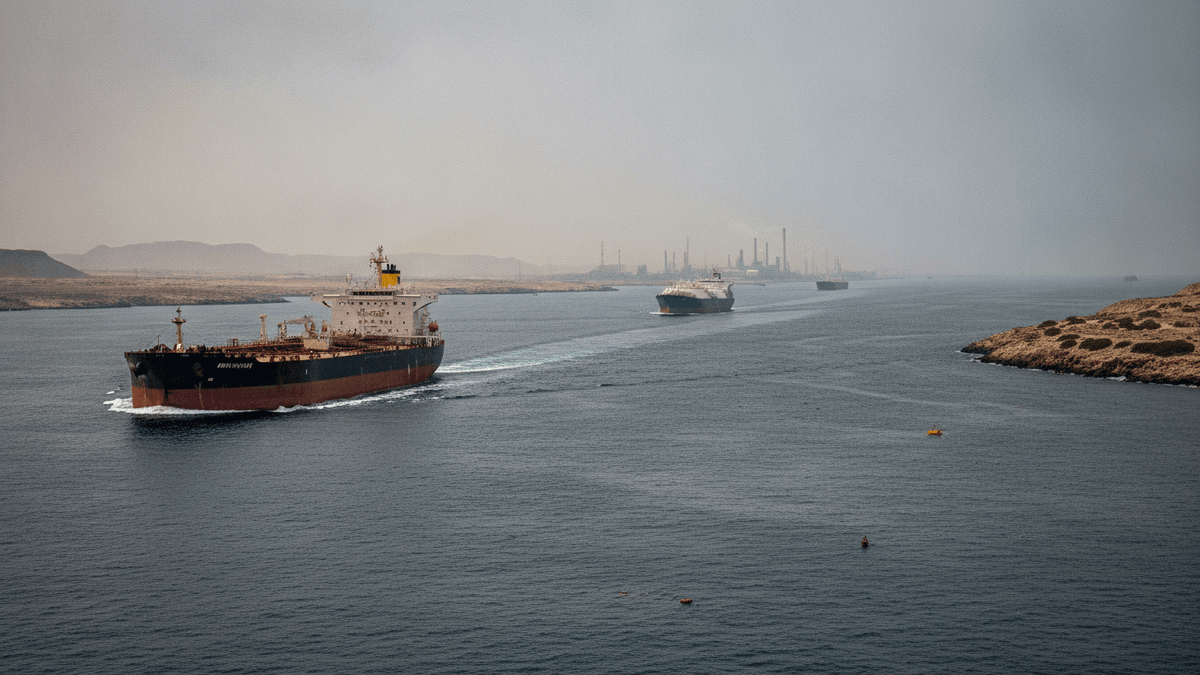 An aerial wide shot shows several large oil tankers moving through a strait, with arid land on both sides and industrial infrastructure in the distance.