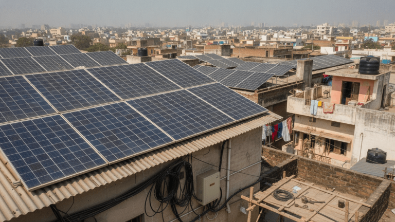An aerial shot captures numerous residential rooftops in an Indian city, each adorned with solar panels under a hazy sky.
