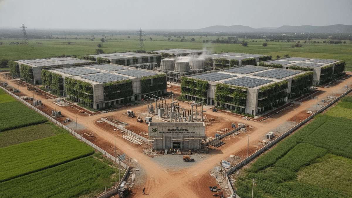 An aerial view of a large, square-shaped green data center campus under construction, surrounded by green fields.