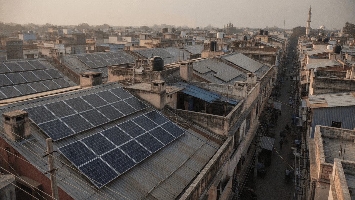 An aerial view of densely packed residential rooftops in India, many equipped with solar panels.