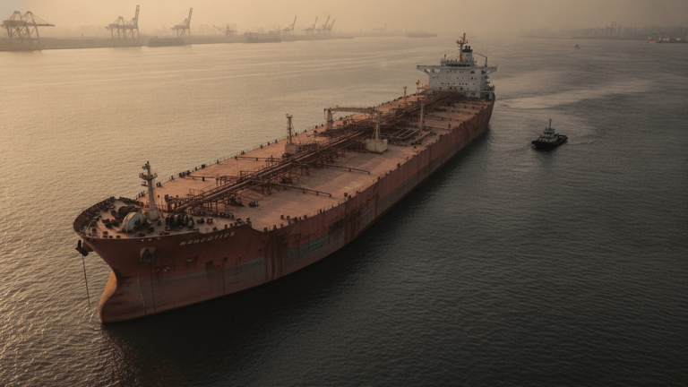 An aerial, slightly high-angle shot shows a massive, rusty red oil tanker moving through calm water towards a hazy port.