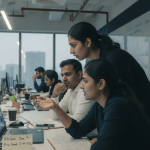 Three employees at computers in a modern office, two women and one man, discussing data with city skyline visible outside.