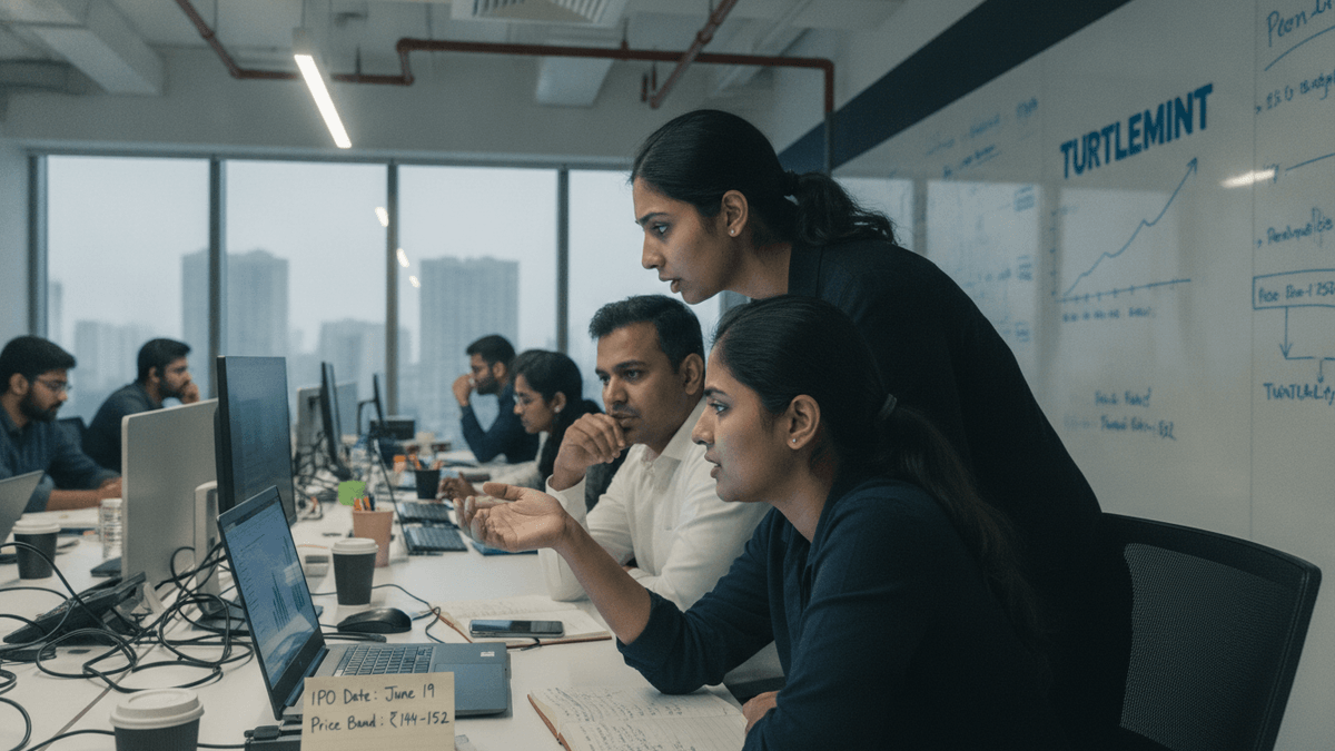 Three employees at computers in a modern office, two women and one man, discussing data with city skyline visible outside.