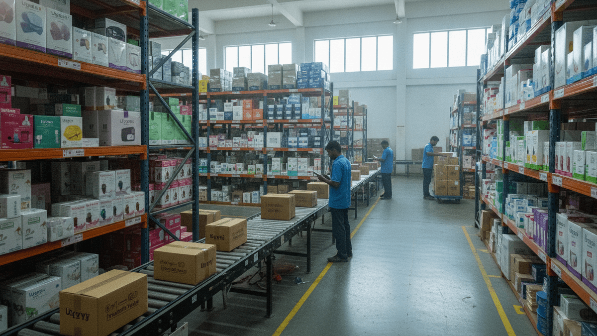 Wide shot of a brightly lit industrial warehouse with tall metal shelves packed with boxed intimate care products. Several workers in blue shirts are visible, some handling packages on conveyor belts, others moving boxes.