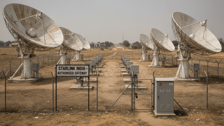 A row of large white satellite dishes stretches across a dry, dusty field under a hazy sky in India, with a sign in the foreground reading "STARLINK INDIA - AUTHORIZED GATEWAY."