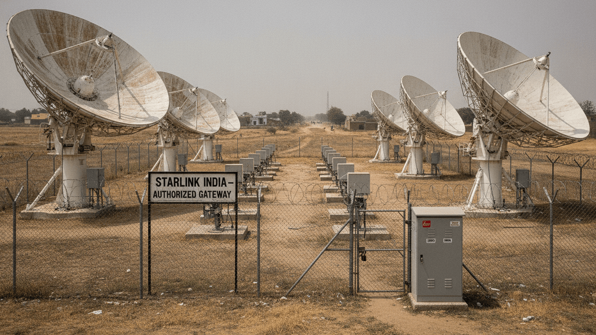 A row of large white satellite dishes stretches across a dry, dusty field under a hazy sky in India, with a sign in the foreground reading "STARLINK INDIA - AUTHORIZED GATEWAY."