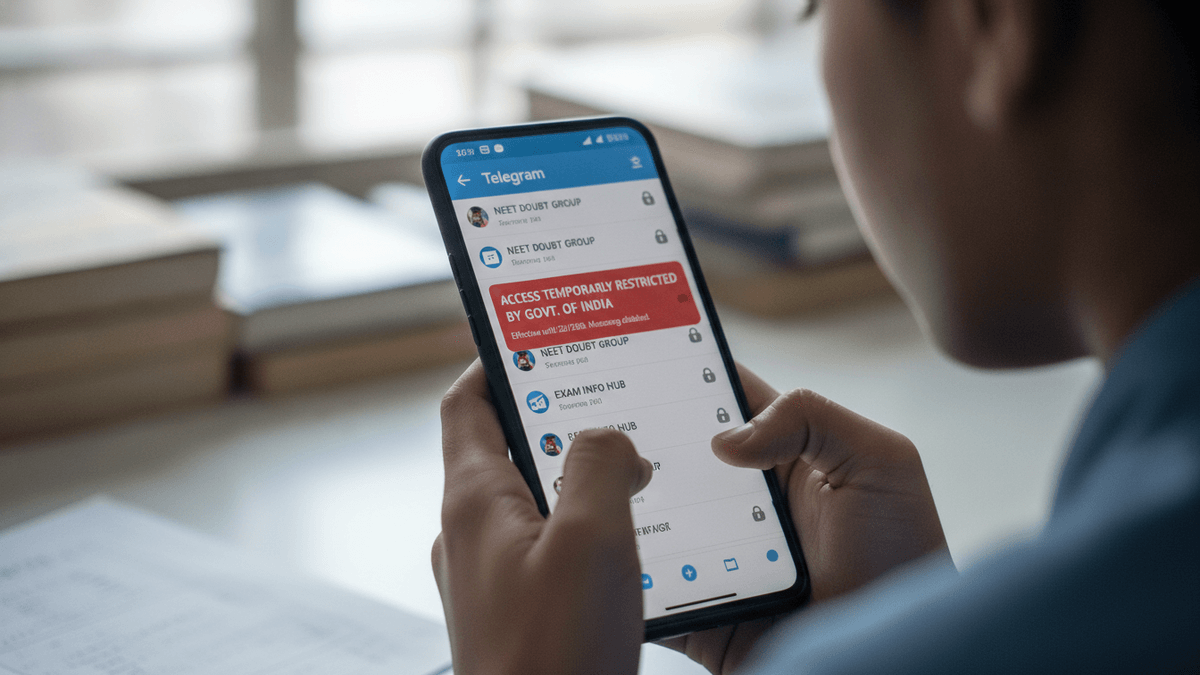 A person's hands holding a smartphone displaying the Telegram app with a red banner stating "ACCESS TEMPORARILY RESTRICTED BY GOVT. OF INDIA".