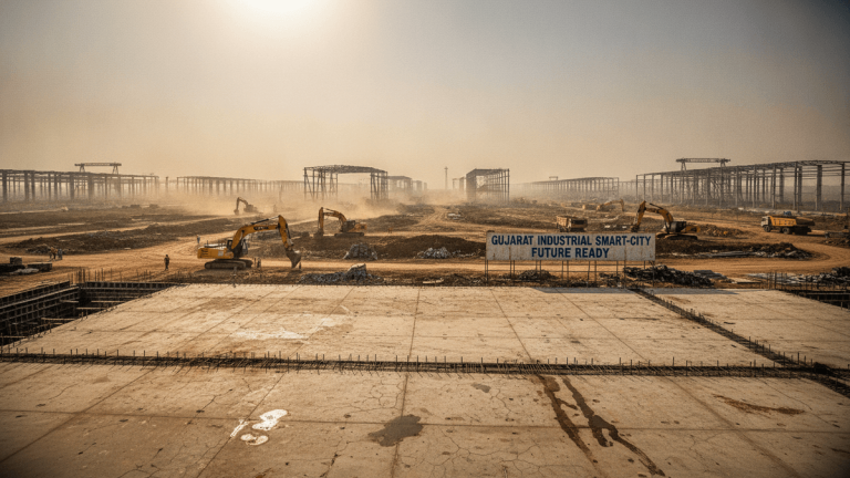 Wide shot of a vast industrial construction site under a hazy sky, showing skeletal metal structures, excavators, and a sign.