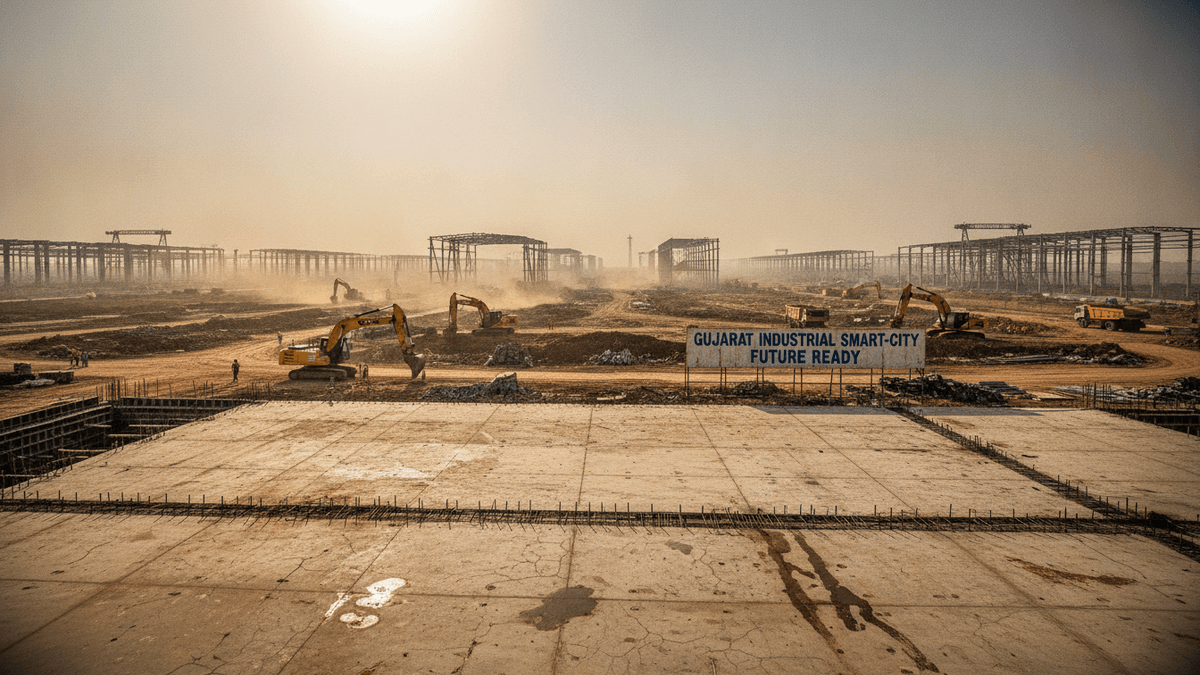 Wide shot of a vast industrial construction site under a hazy sky, showing skeletal metal structures, excavators, and a sign.