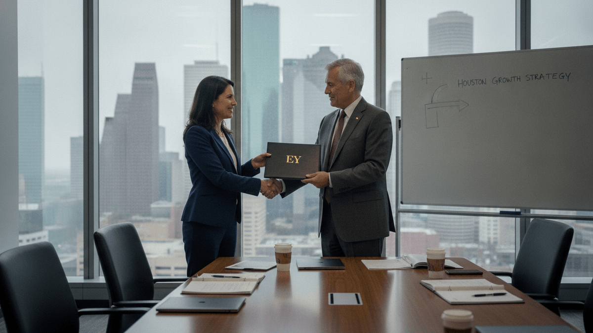 A man and a woman in business attire shake hands across a conference table in an office, with a large window overlooking the Houston skyline.